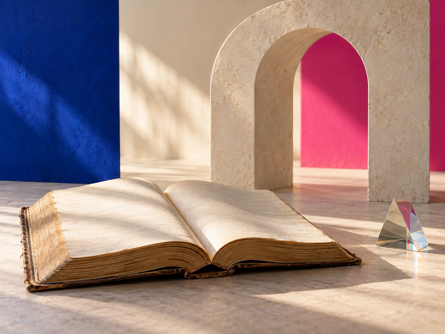 Livro aberto à luz do sol, em uma composição com um arco, rosa e azul